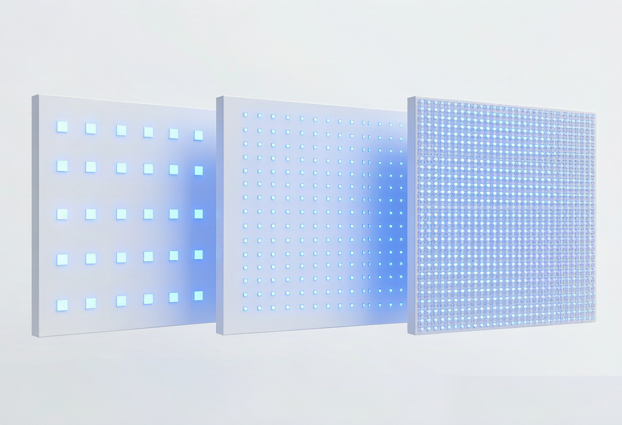 How to Choose the Right Pixel Pitch for Your LED Display: A 2-Step Method Three LED display panels side by side showing pixel pitch comparison from coarse to fine dot density