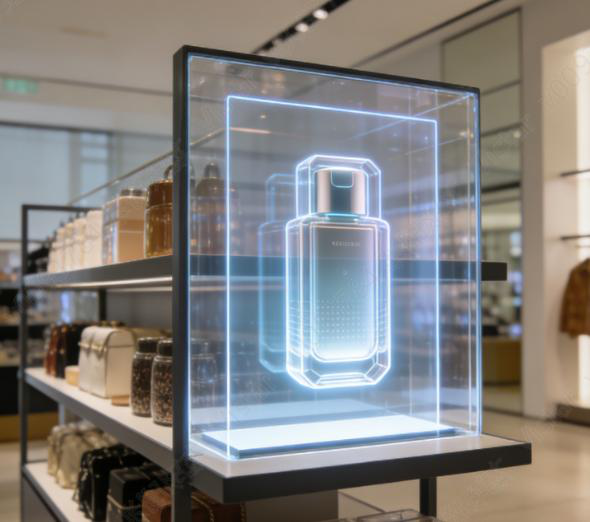Primary showcase 9.41 inch transparent Micro LED panel in luxury perfume showcase